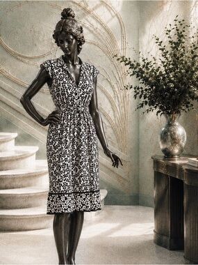 Adrianna Papell Black & White Floral Faux Wrap Midi Dress with Cap Sleeves (10)